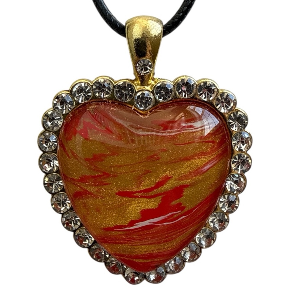 Handmade Heart Pendant Necklace Red Gold Cabochon Rhinestone Frame